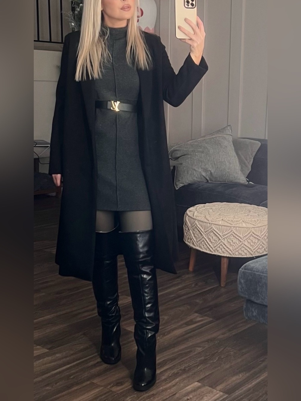 Zara Black thigh high leather faux Knee-High Block Heel Boots - Women's Fashion